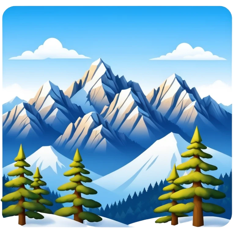 Huangshan Yellow Mountain winter snow peaks with pine trees, simplified emoji style with bold outlines and bright colors, cartoon style snowy mountains emoji