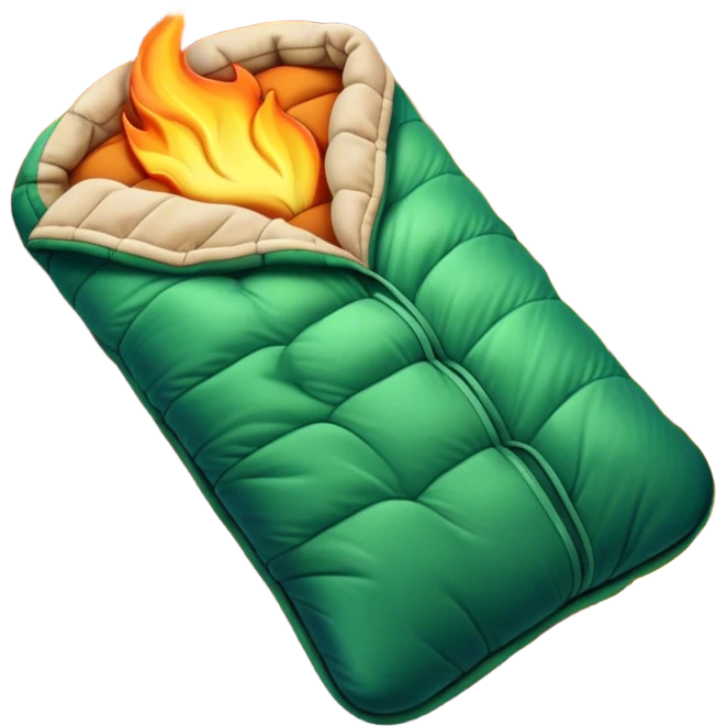 Cinematic Realistic Sleeping Bag, plush and slightly wrinkled, rich fabric texture catching the firelight, glowing with warmth and inviting coziness, nestled within a peaceful campsite. emoji