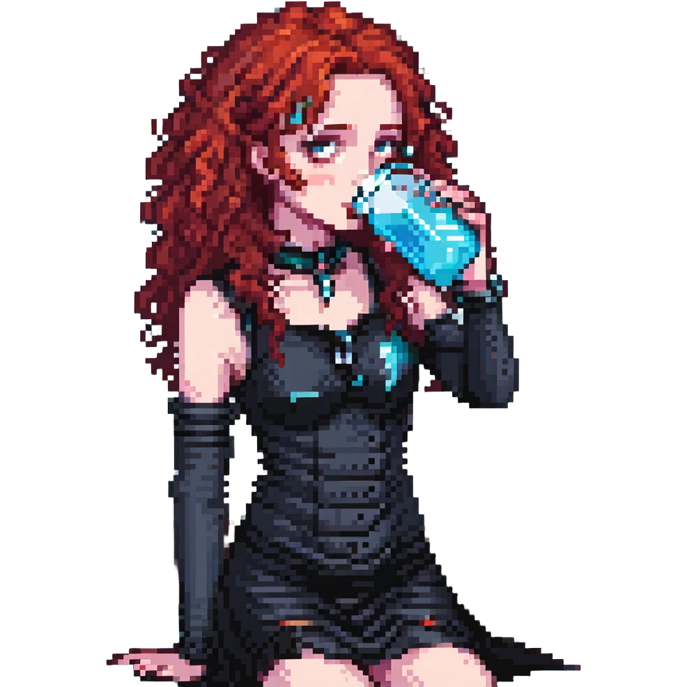 goth girl with red curly hair drinking water emoji