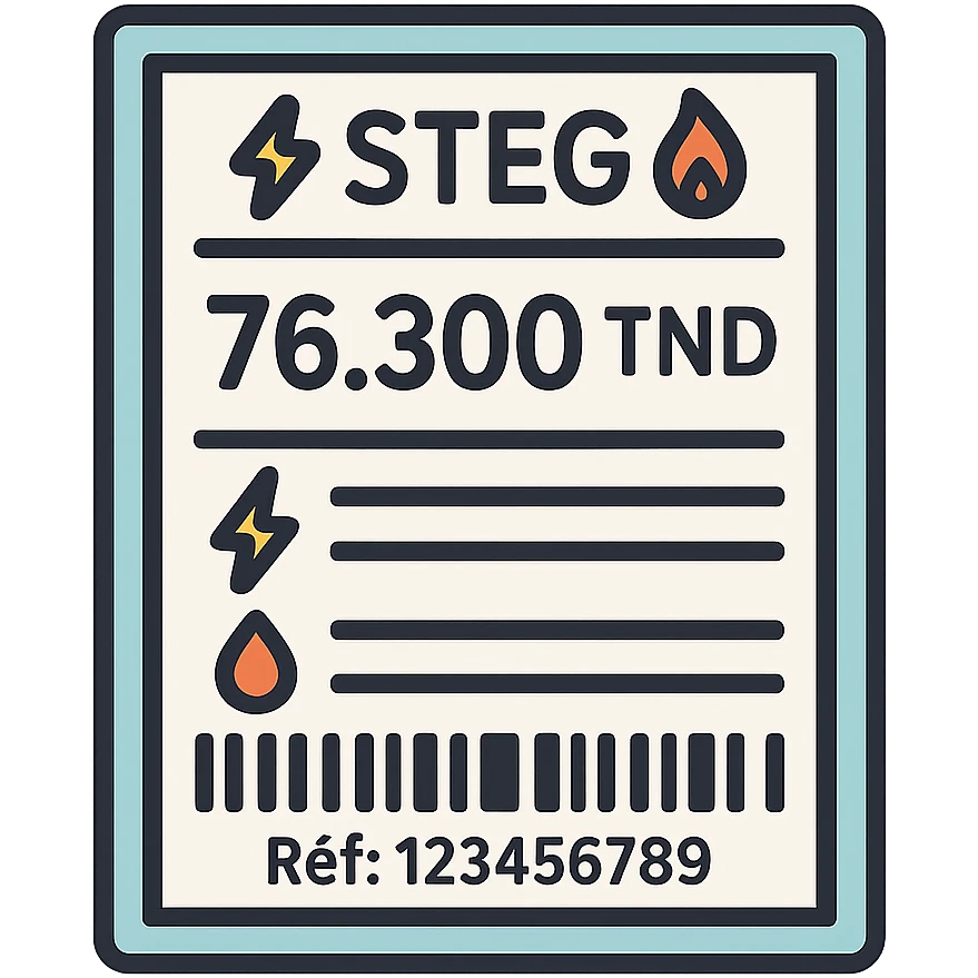 flat vector-style icon of a Tunisian STEG electricity and gas bill, rectangular bordered paper, text '⚡STEG🔥' at the top, large amount '76.300 TND', barcode at the bottom, reference line 'Réf: 123456789', horizontal lines or boxes for bill details, clear electricity (⚡) and gas (🔥) icons, clean modern Tunisian-inspired color palette, clear iconography, no background emoji