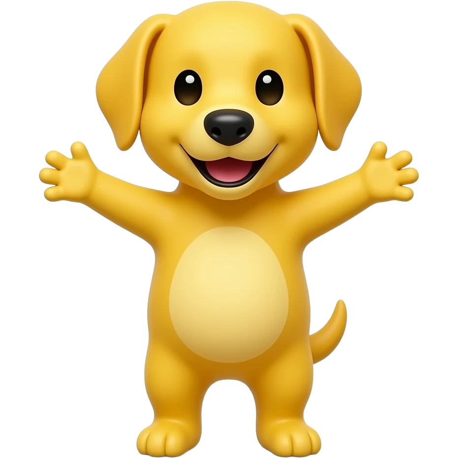 A completely yellow dog, standing up with legs and arms open like a little person, looking at us with a very happy expression. Its body is completely yellow. emoji