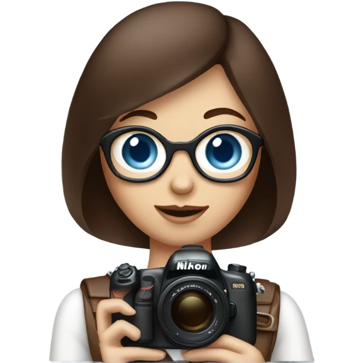 Portrait of stylish woman with blue eyes and chocholate bob hair holding a nikon camera emoji