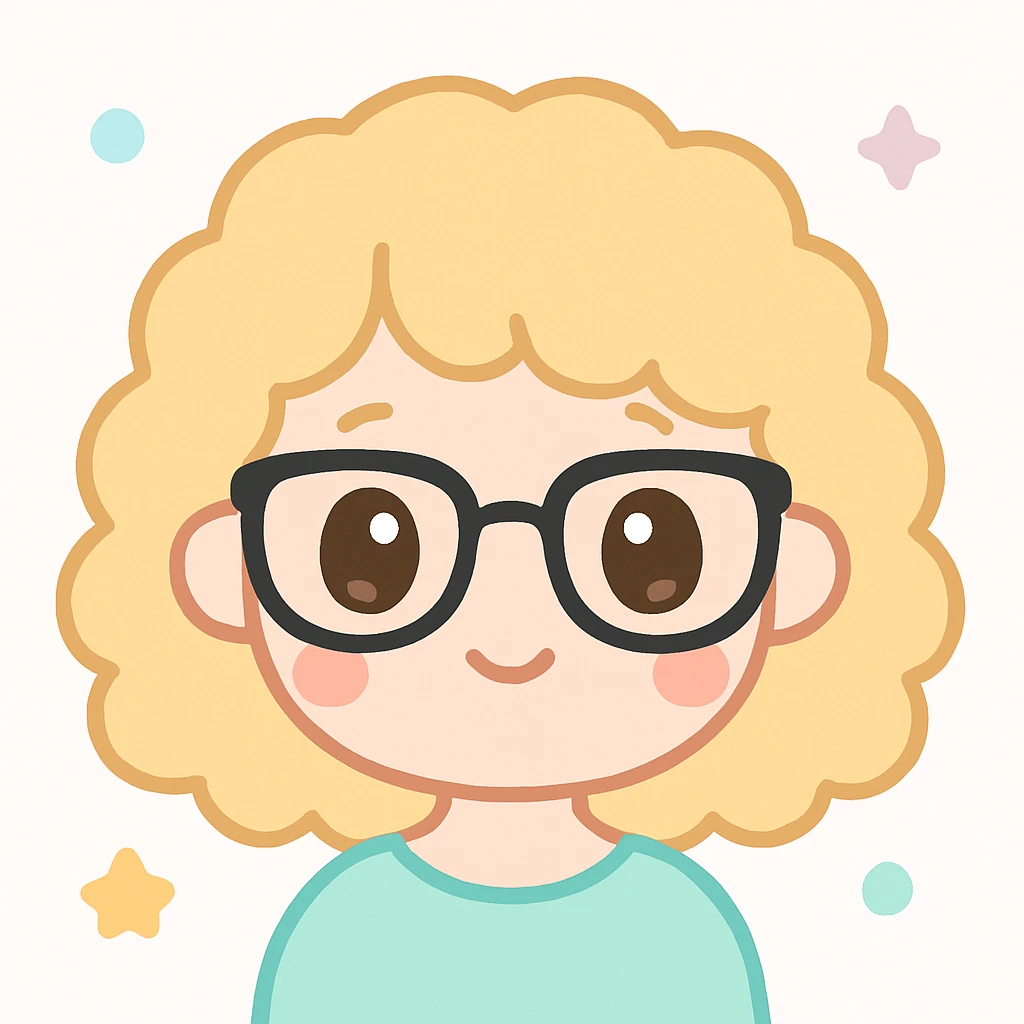 portrait d'une fille, cheveux bouclés blonds foncé, lunettes noires, yeux marrons, style kawaii emoji