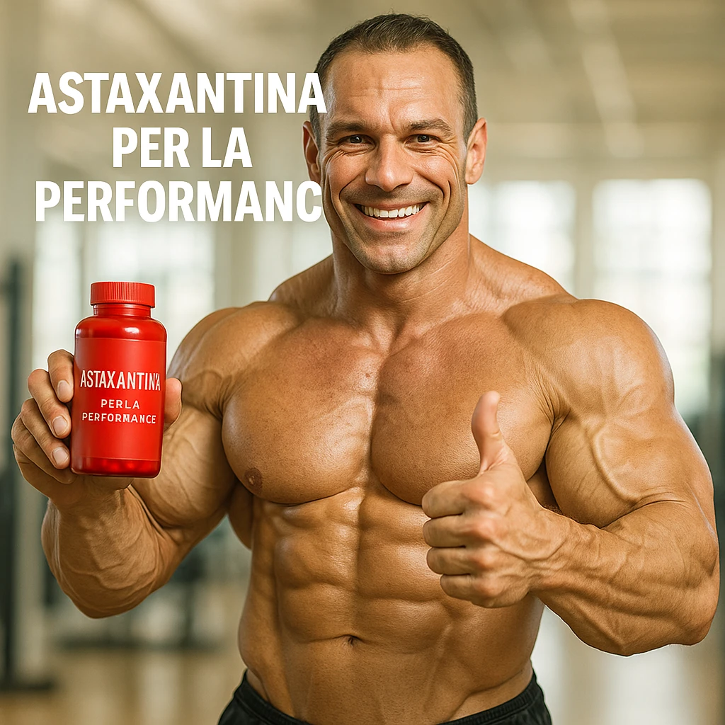 hyper realistic bodybuilder showing red bottle of astaxanthin with thumbs up, defined muscles, text 'Astaxantina per la performance', bright environment, motivational atmosphere emoji