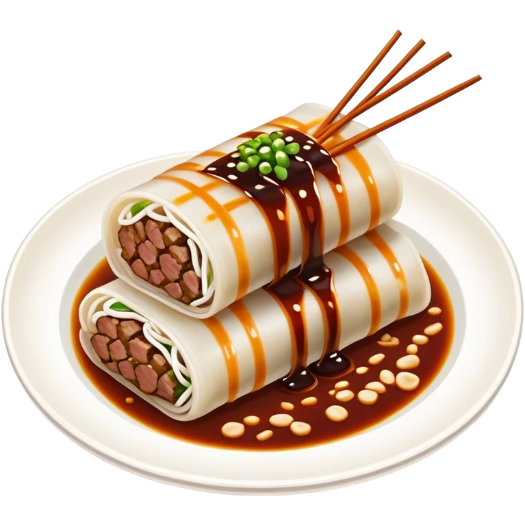 Beef rice noodle roll Ngau Yuk Cheung Fun with dark sauce drizzled on top, simplified emoji style with bold outlines and bright colors, cartoon style Cantonese street food emoji