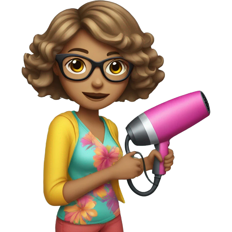 girl white with short shoulder-length hair and glasses holding a hairdryer in one hand and scissors in the other, wearing a colorful outfit emoji