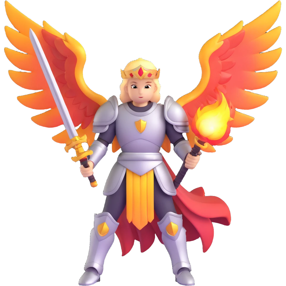 Archangel Michael in armor with flaming sword and large wings emoji