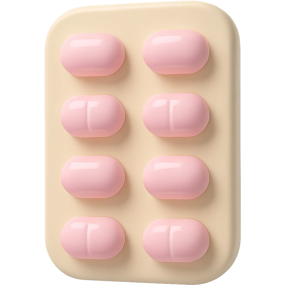 light pastel pink glossy pills in a light beige blister pack, no background, vinyl figure 3D emoji style emoji