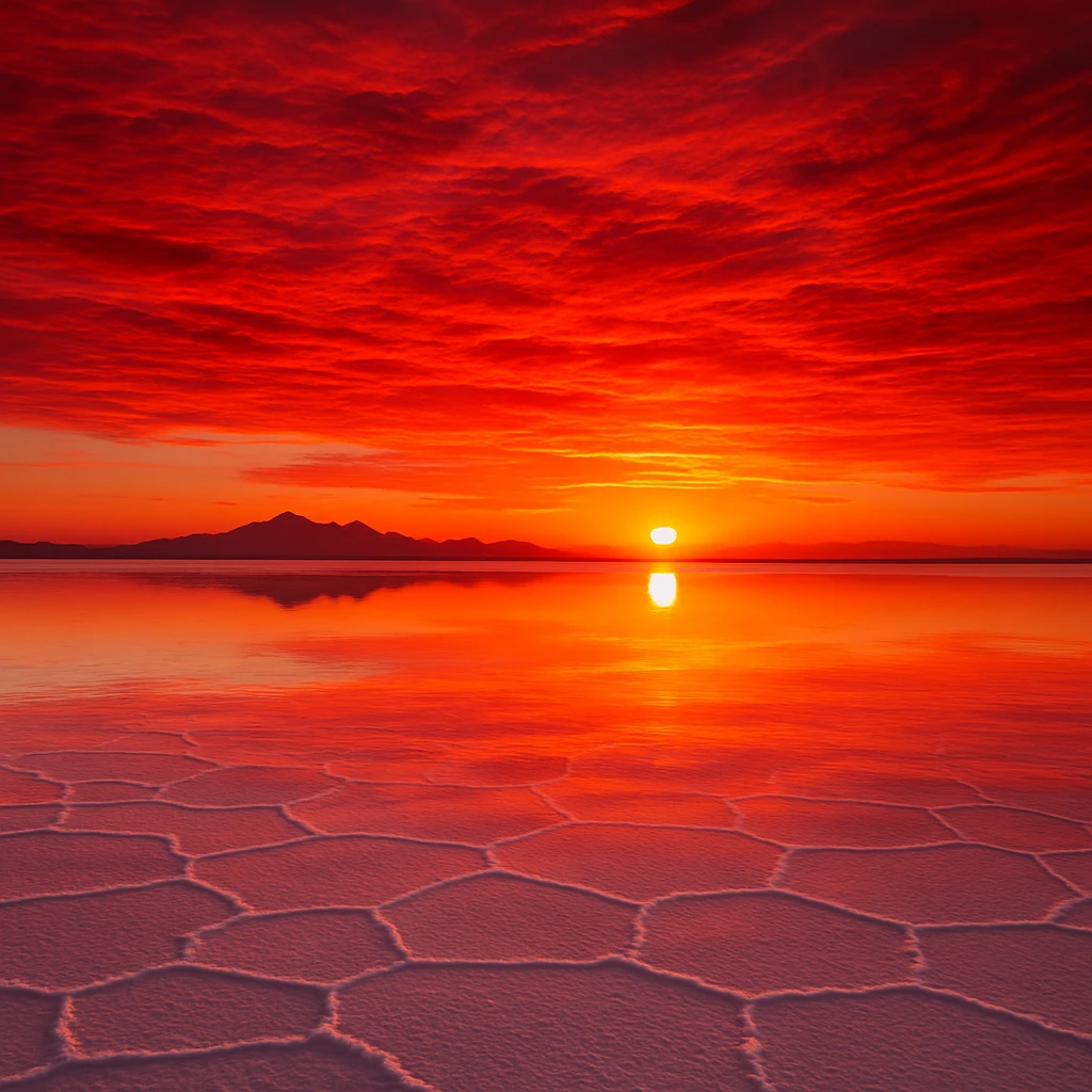 sunset over the Uyuni salt flats, red sky and salt plains, reflected sunset, calm and beautiful atmosphere emoji