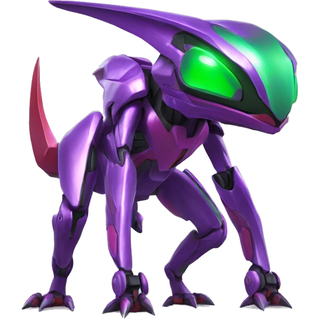 a shiny purple-green-red Genesect-Raptor-Fakémon—hybrid with a futuristic visor-helmet full body emoji