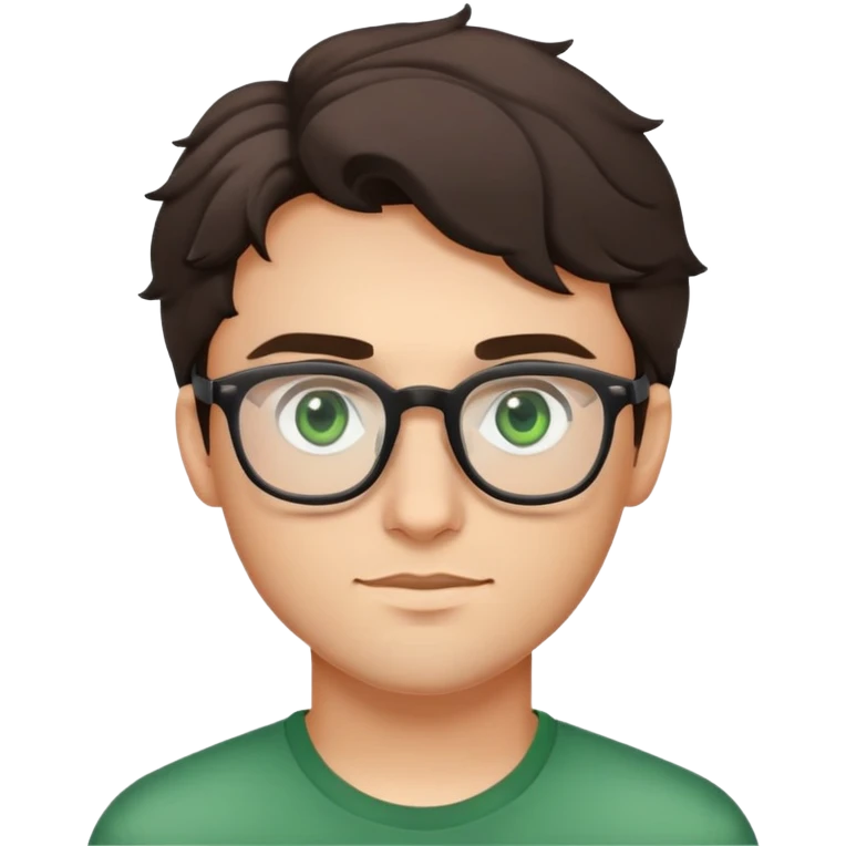 young man with dark slightly curled hair wearing glasses with green eyes and very light stubble, minimal facial hair emoji