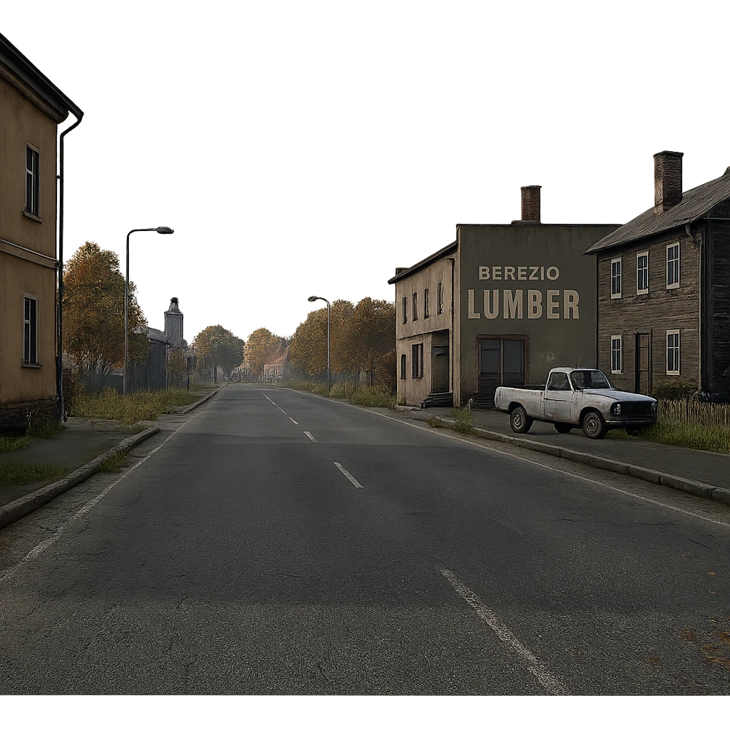 a view of the city street in a videogame: DayZ - in the town of berezio "lumber" emoji