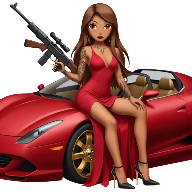 Lilith tan skinfemale red eyes symbol. Tattoo arms. Her hair is brown straight long hair.wearing sexy long ruby covered dress with slit. black stiletto thick platform high heels shoes on. Sitting on gold giant luxury car with cash on her. She is holding a sniper rifle in one hand cash in other hand emoji