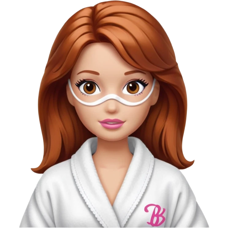 A Barbie face with shoulder-length reddish-brown hair, makeup, a smeared face mask, and a bathrobe. emoji