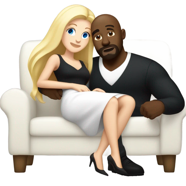 Blonde woman with blue eyes and long straight hair wearing a short black dress and a black man who is bald with a goatee seated together on a sofa enjoying a passionate embrace.   emoji