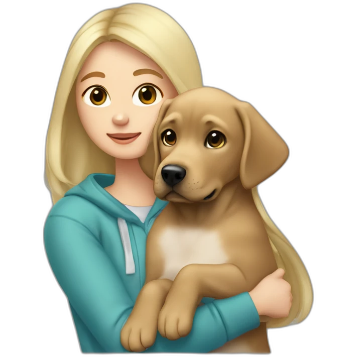 A blonde girl with smooth hair and a ray in the middle of his hair, she has light skin a few freckles, and she wear a hoodies and she Carries in his arms a baby black labrador dog  emoji