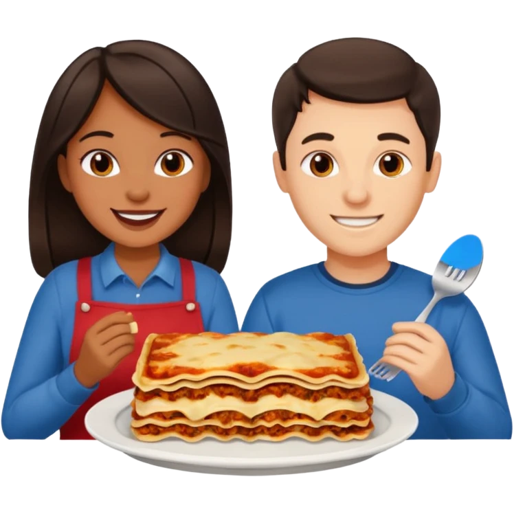 smiling tan girl with dark hair and white guy with dark hair eating lasagna emoji