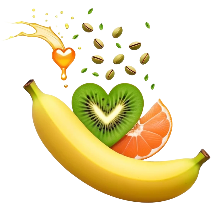 Banana, spinach, salmon fillet, sliced kiwi, pistachios, and a glass of orange juice emitting electrical sparks that flow toward a heart and nervous system. The electrical currents highlight the role these potassium-rich foods play in maintaining heart rhythm and muscle function. emoji
