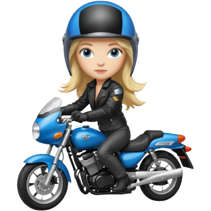 moça cabelo comprido loira de olho azul de capacete em uma moto honda preta  emoji