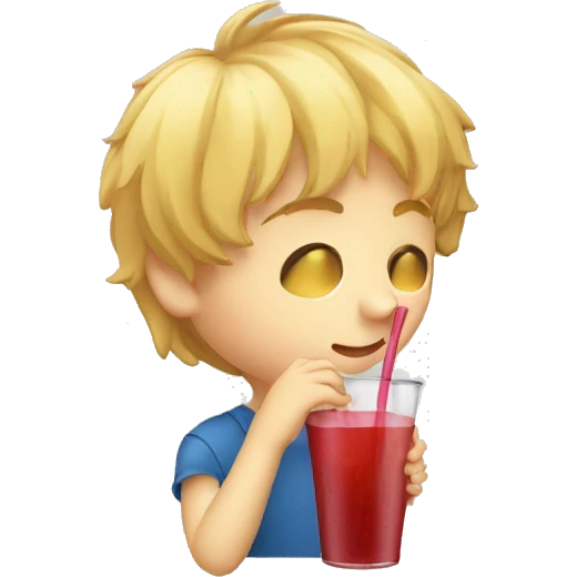 A blonde boy sucking or drinking juice with a straw while his hand is holding the drink, profile view emoji