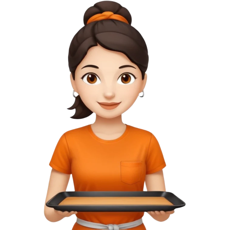Create an iOS-emoji-style illustration of a cheerful female barista with bright fair skin and dark hair tied back. She wears an orange barista T-shirt and holds a brown serving tray. Style should be soft, rounded, and minimal like Apple emoji. emoji