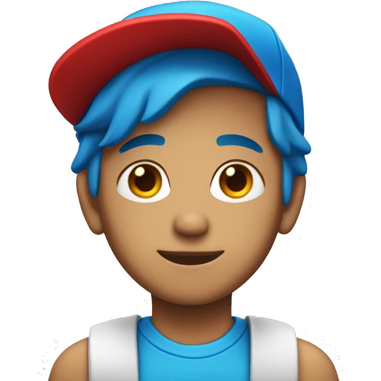 A Light skin boy head with blue hair and red cap looking  towards the  camera emoji