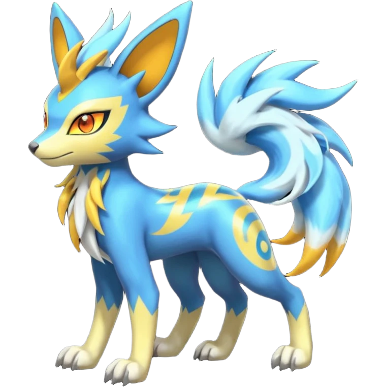 Feral Lightning-patterned Zig-zagged buzzy fuzzy Meloetta-Renamon-Zeraora-Luxray-Cobalion-Suicune-Vernid-fusion-hybrid-creature, full body  emoji