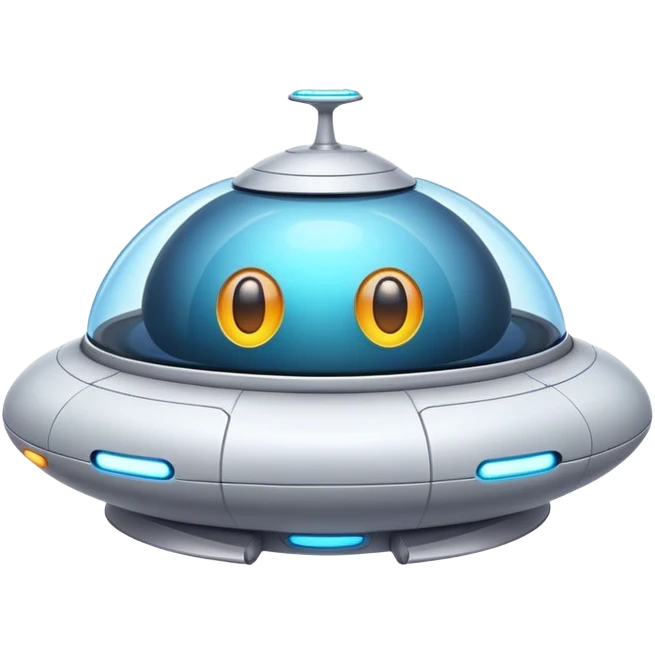 Design a simple, friendly spaceship with a smooth, rounded shape. Add a clear 'face' on the front using glowing lights for eyes and a curved line for a smile, giving it personality. Use a plain background to keep the focus on the ship emoji