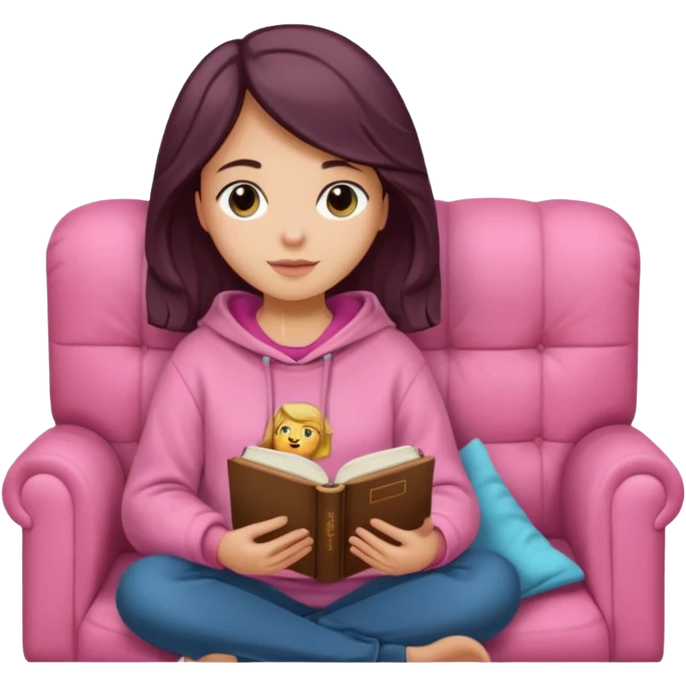 Una chica linda de cabello oscuro con ondas hasta los hombros de piel blanca con una sudadera rosa en un sofá cómodo y hermoso leyendo la biblia emoji