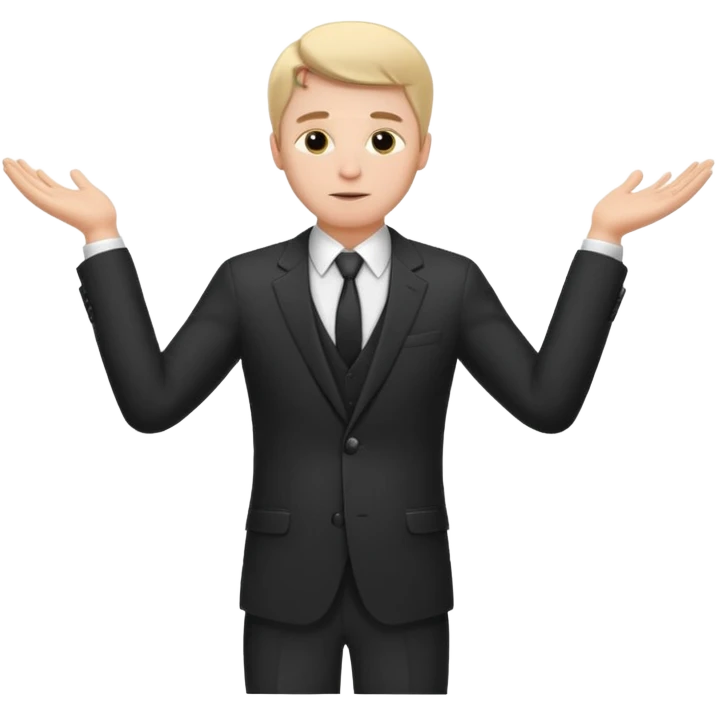 white man in formal suit spreads his arms, face thinking emoji
