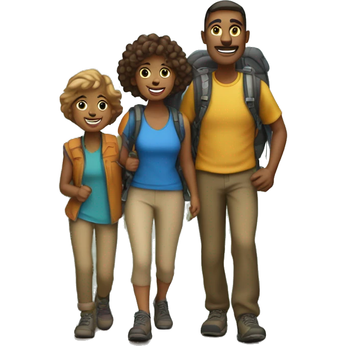 family of four - mom, dad, and 2 brothers - hiking up a mountain emoji