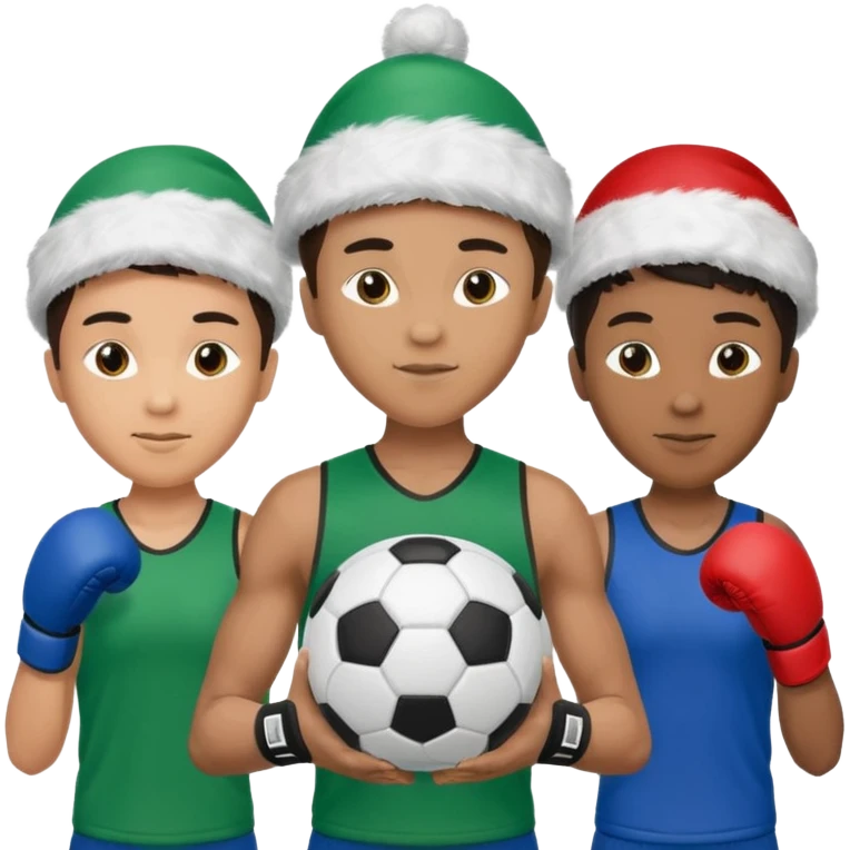 crie a imagem de 3 atletas de modalidades diferentes, usando elementos esportivos, como por exemplo bola de futebol, luvas de luta e bola de vôlei... e usando um chápeu de papai noel das cores verde e azul. emoji