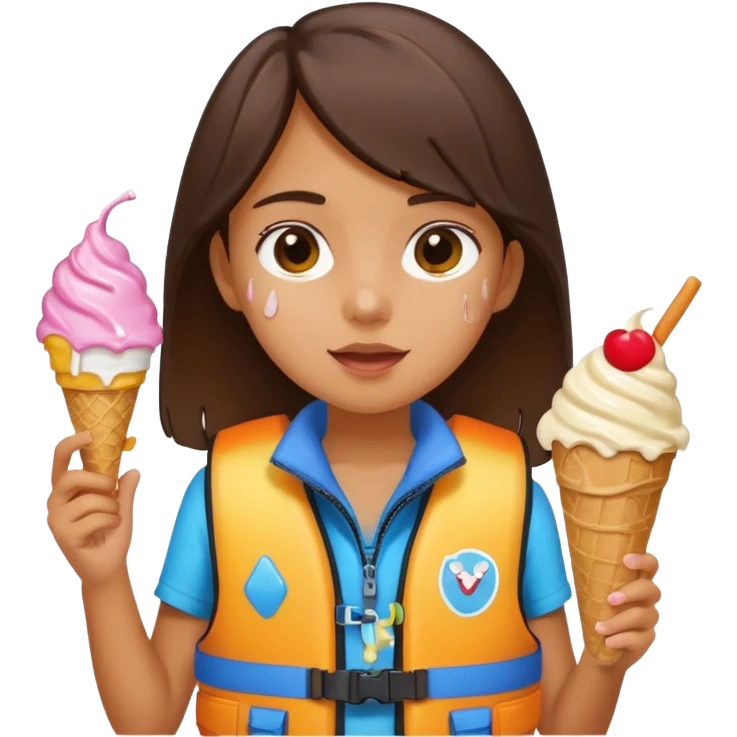 girl kid wearing lifejacket, holding ice cream emoji