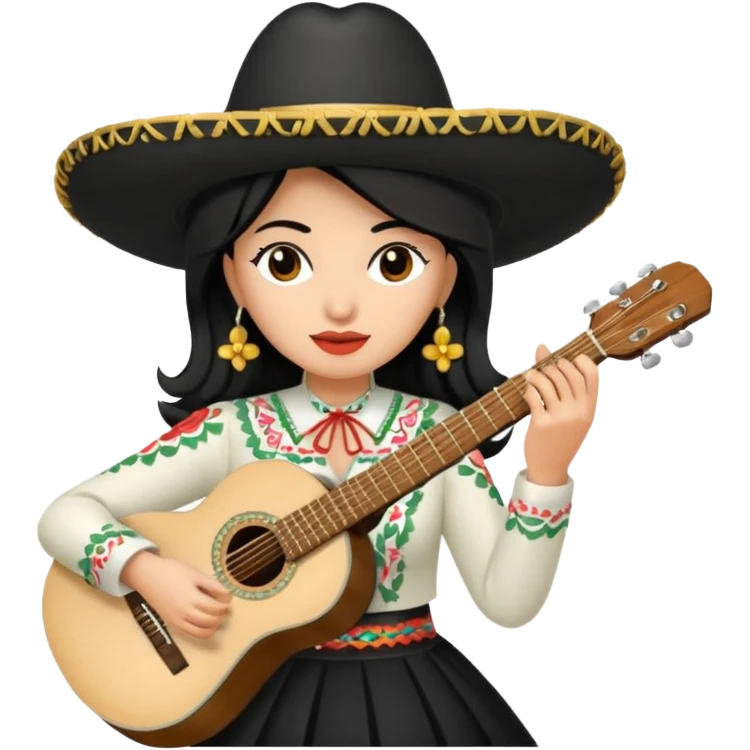 Mujer blanca con cabello negro teniendo un sombrero de mariachi sosteniendo una guitarra emoji