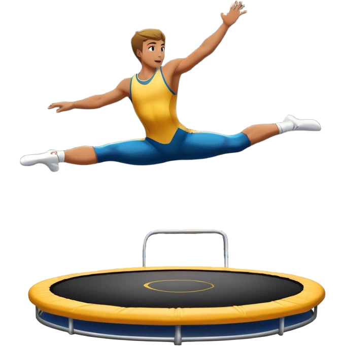 An athletic person soaring high above a trampoline, executing an acrobatic flip with perfect form. The scene captures motion and energy, with a dynamic pose, stretched limbs, and a focused expression. The background suggests a professional trampoline arena with safety padding. emoji