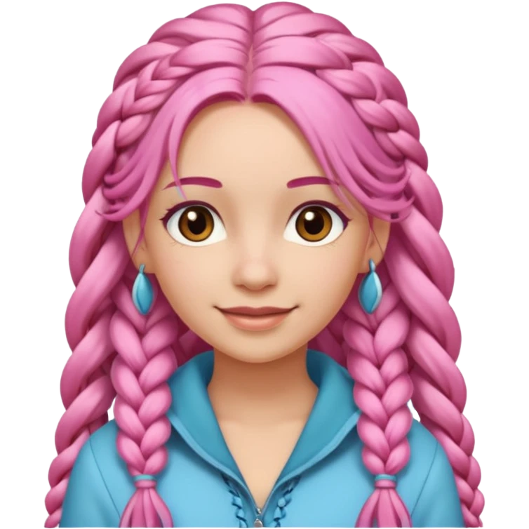 A light-skinned woman with long pink hair styled in braids, brown eyes, and a gentle smile. emoji
