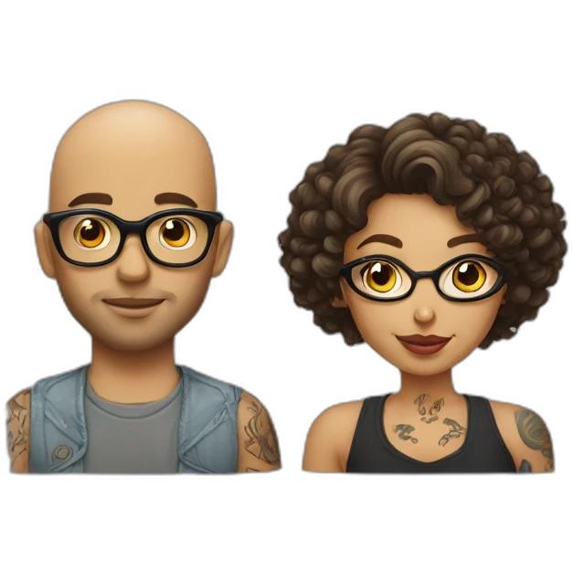 Young Bald man with tattoos. And Young curly-haired lady wearing glasses emoji