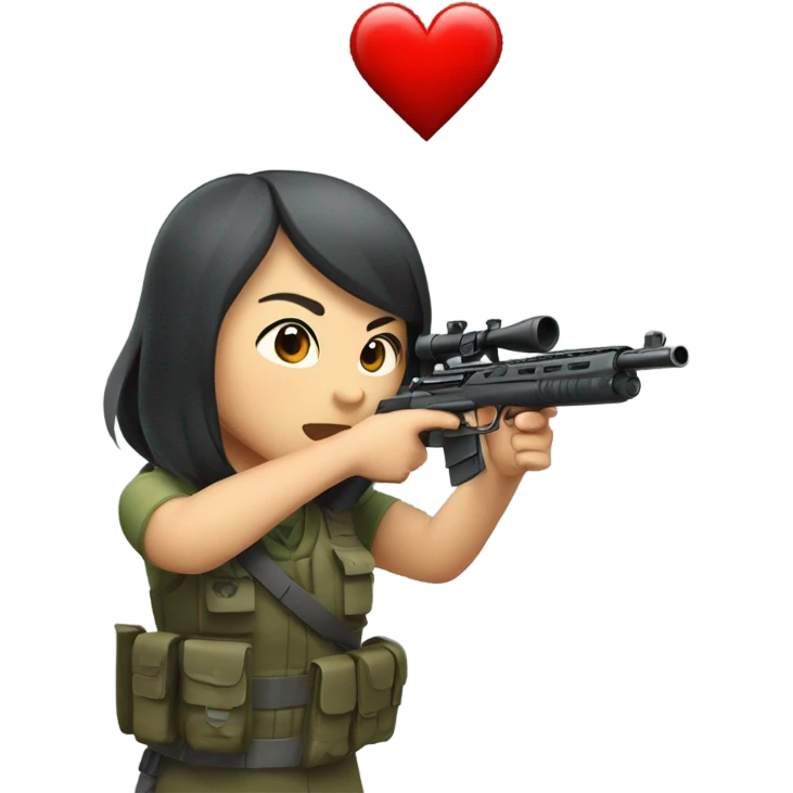 A cute Asian sniper woman shoots and a heart goes out at the gunpoint emoji