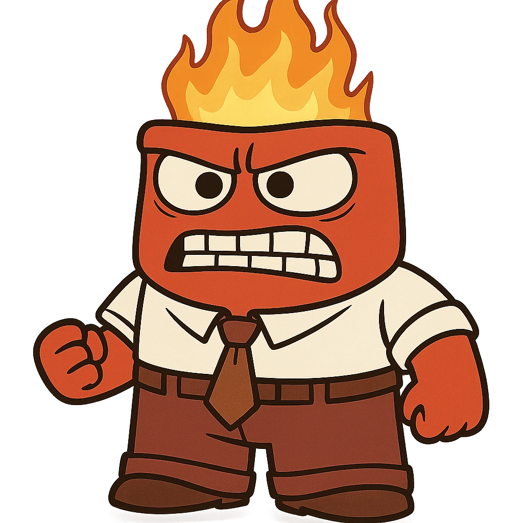 Inside Out's Anger, blocky red body, white shirt, brown tie, flames on head, cartoonish emoji