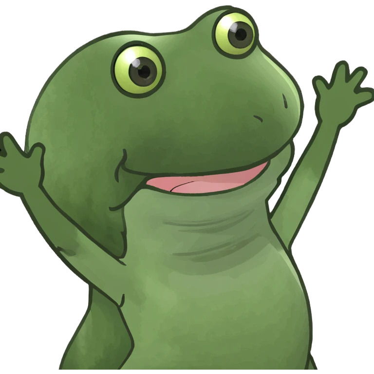 happy green bufo frog jumping with arms up, beach background, sunlight shining, party mood emoji