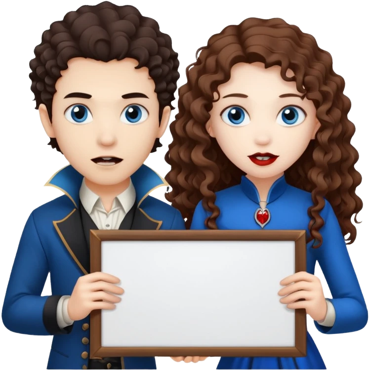 Asian boy and white girl with long brown curly hair and blue eyes Vampires holding a large blank sign emoji