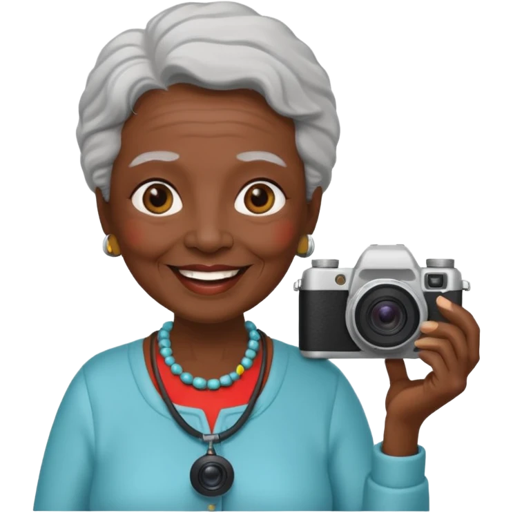 woman cameraman hold a camera, elderly black skin emoji