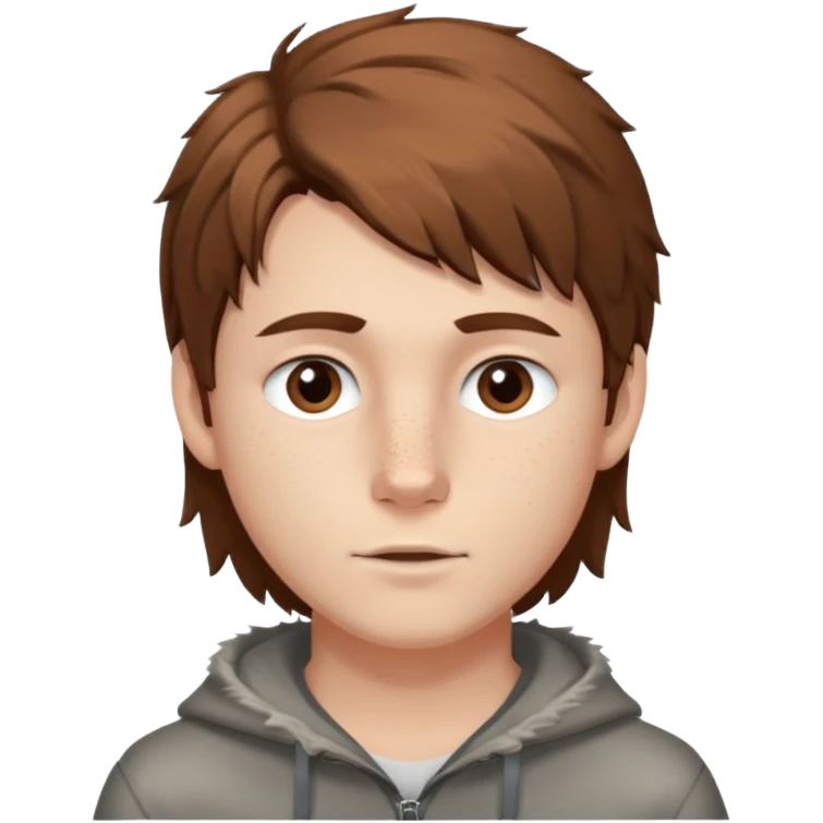 A young white boy with brown hair and eyes, with slightly long, straight and disheveled hair with wolf cut, Make it look aesthetic,  emoji