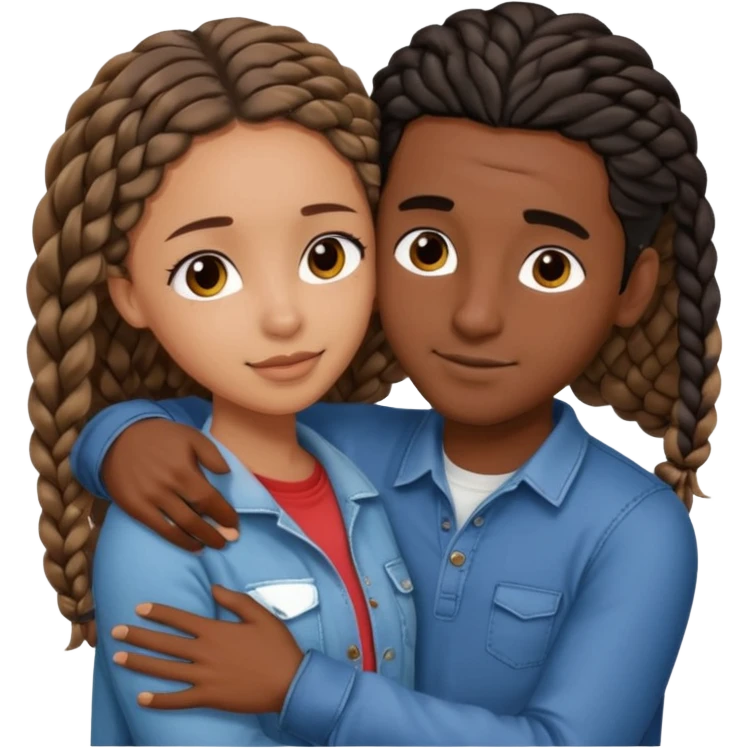 dark skin, black girl with black and brown braids, hugging her middle eastern boyfriend with wavy straight brown hair and medium to light skin emoji