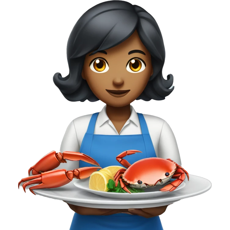 waiter girl with black hair in a blue apron holds crab in a plate emoji