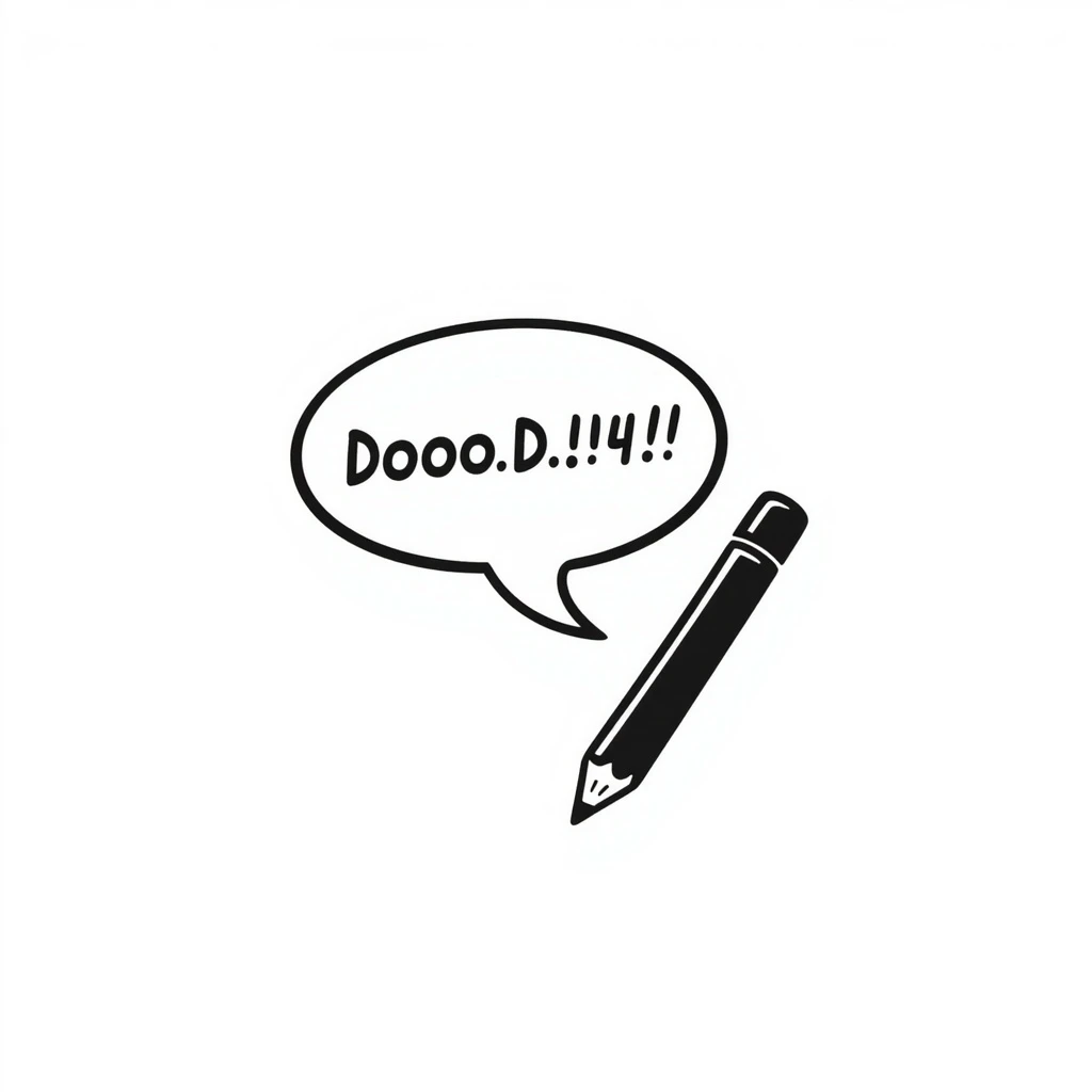 comic style speech bubble with a pen or pencil, representing a post caption as if it were a comment emoji
