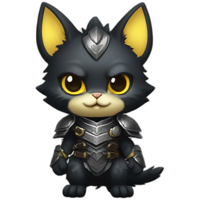 chibi monster hunter palico with all black fur and black face, on hind legs wearing armor, yellow eyes, happy and cute expression emoji