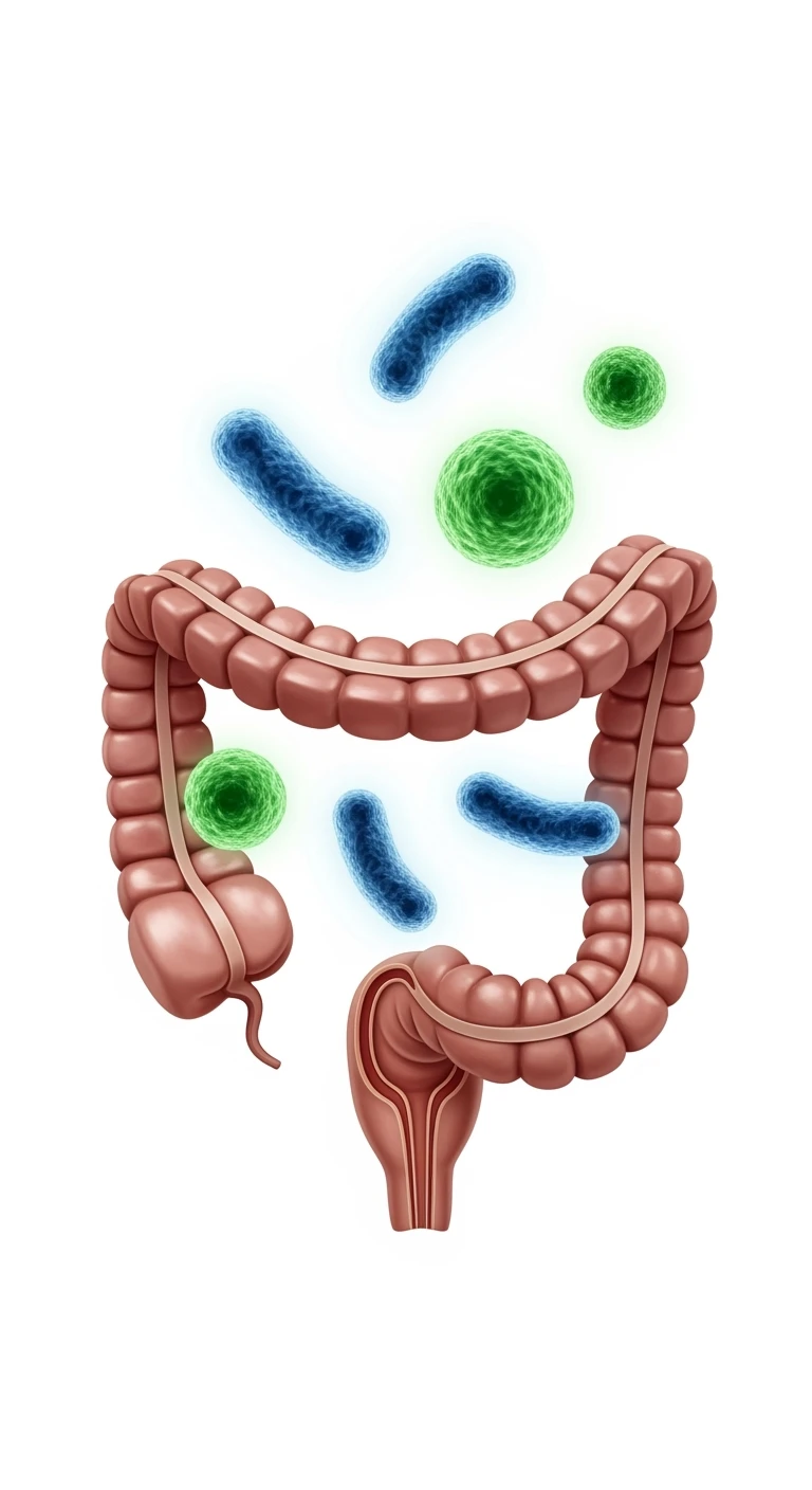 intestino umano anatomico con qualche batterio intestinale che gli fluttua intorno, ISOLATO SU SFONDO BIANCO emoji