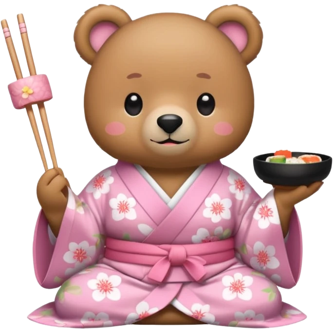 A cute light-brown bear wearing a pastel pink sakura-patterned kimono, normal balanced body ratio. 
Happily eating sushi with chopsticks, excited sparkling eyes. 
Kawaii emoji style, minimalistic clean sticker illustration, white background.
 emoji