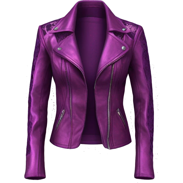 Realistic isolated side view of a metallic magenta open leather jacket with a purple lace camisole underneath it. emoji